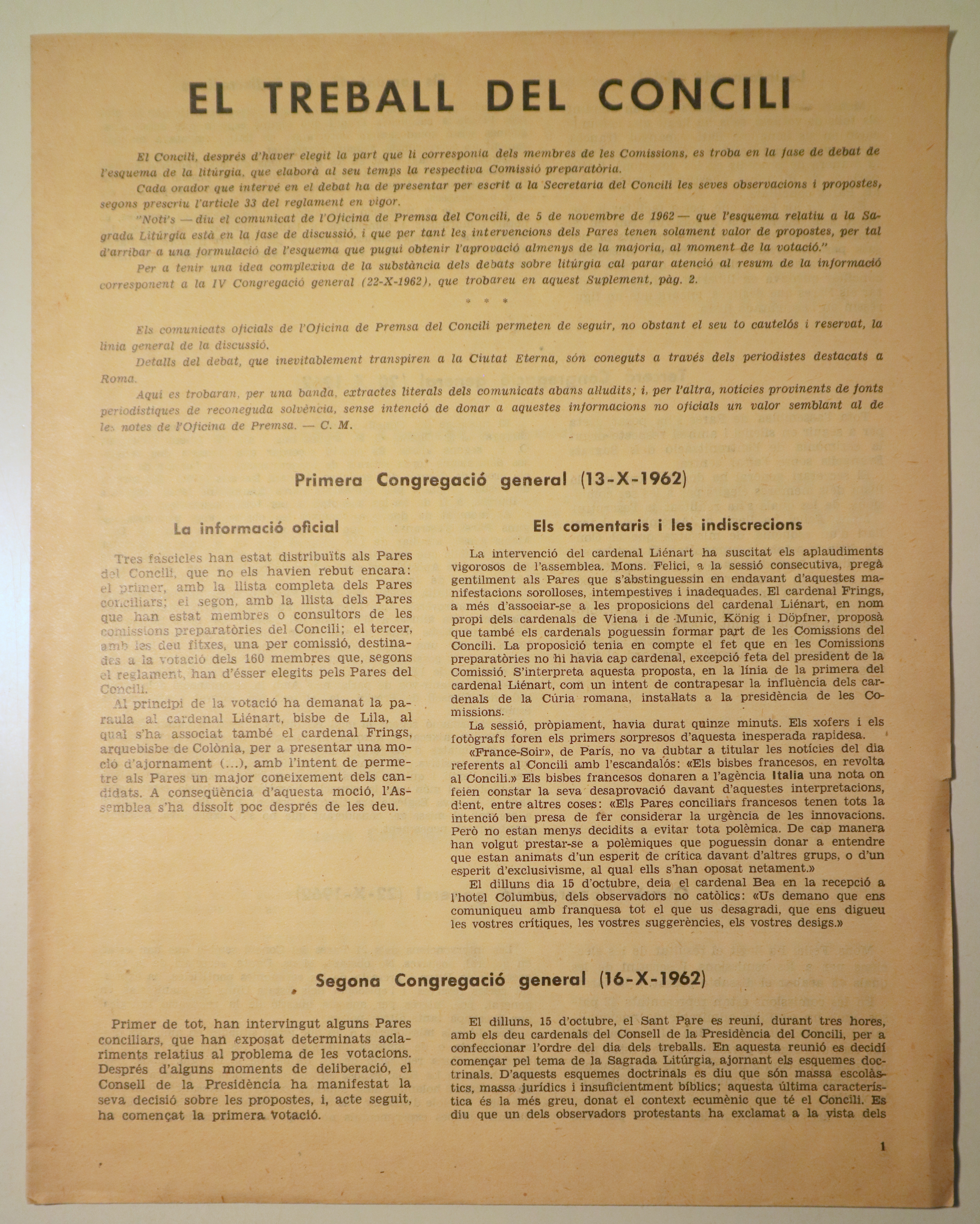 EL TREBALL DEL CONCILI -  Barcelona 1962