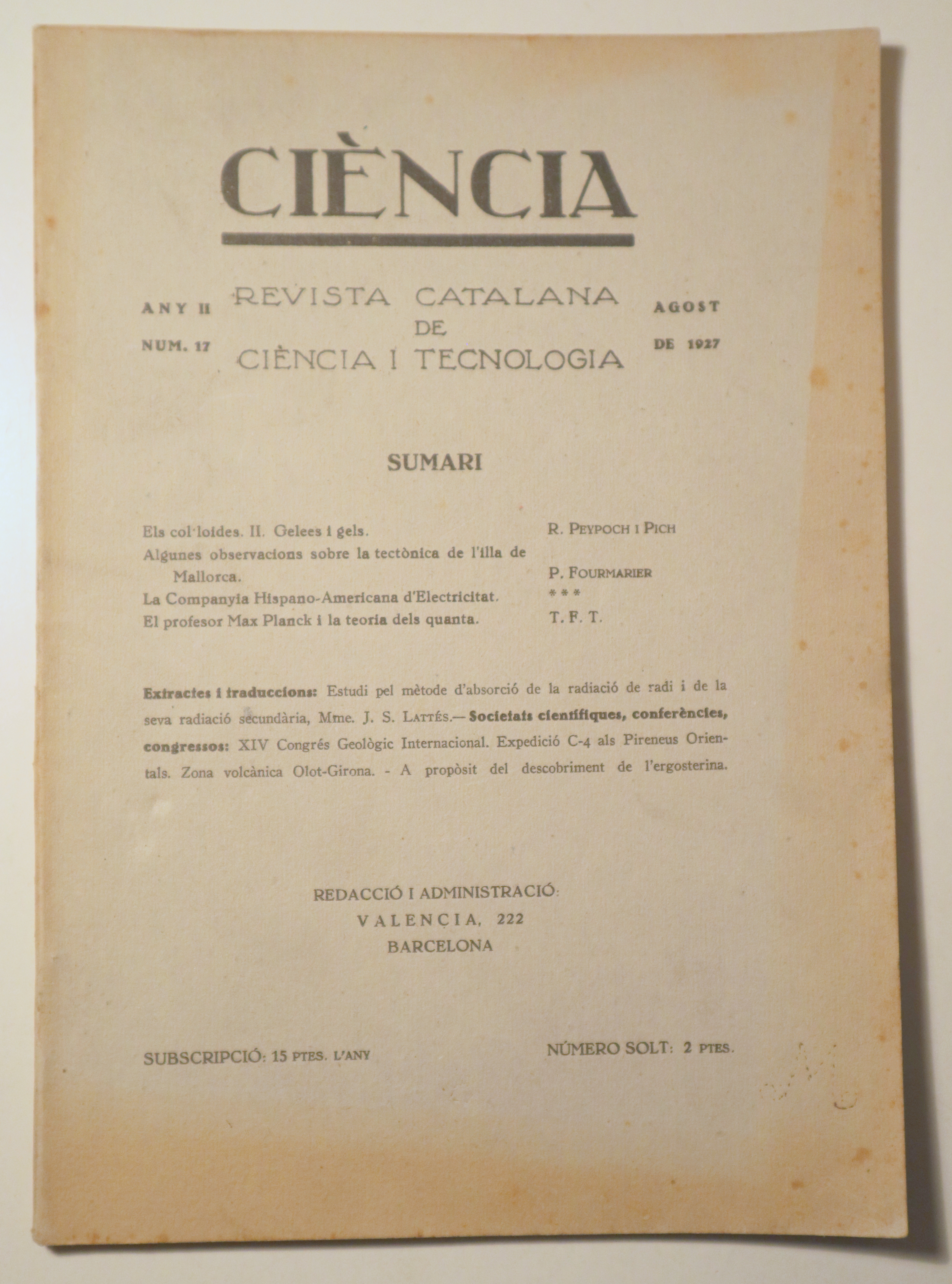 CIÈNCIA. Revista catalana de ciència i tecnologia nº 17, any II - Barcelona 1927 - Il·lustrat