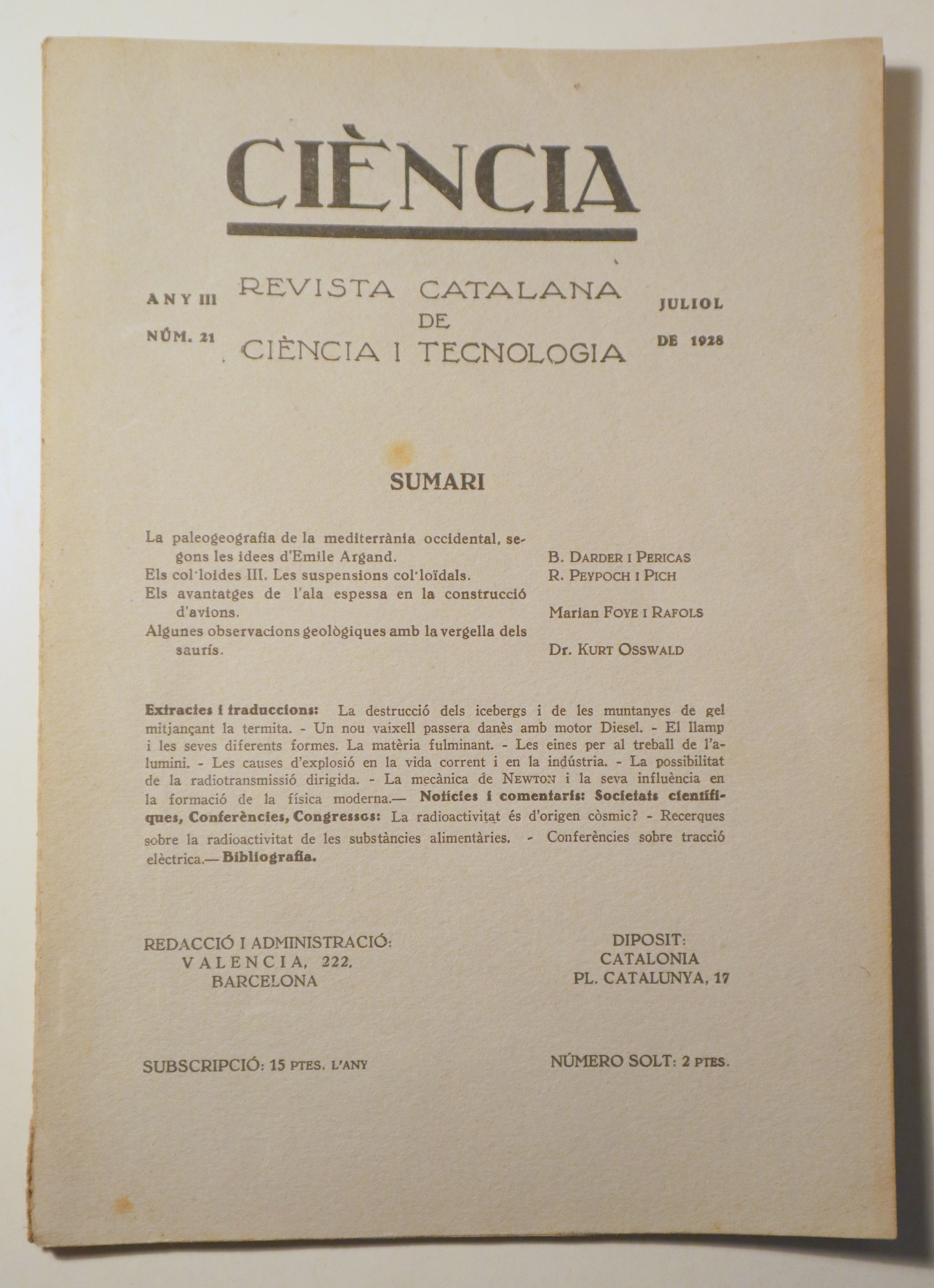 CIÈNCIA. Revista catalana de ciència i tecnologia nº 21, any III - Barcelona 1928 - Il·lustrat