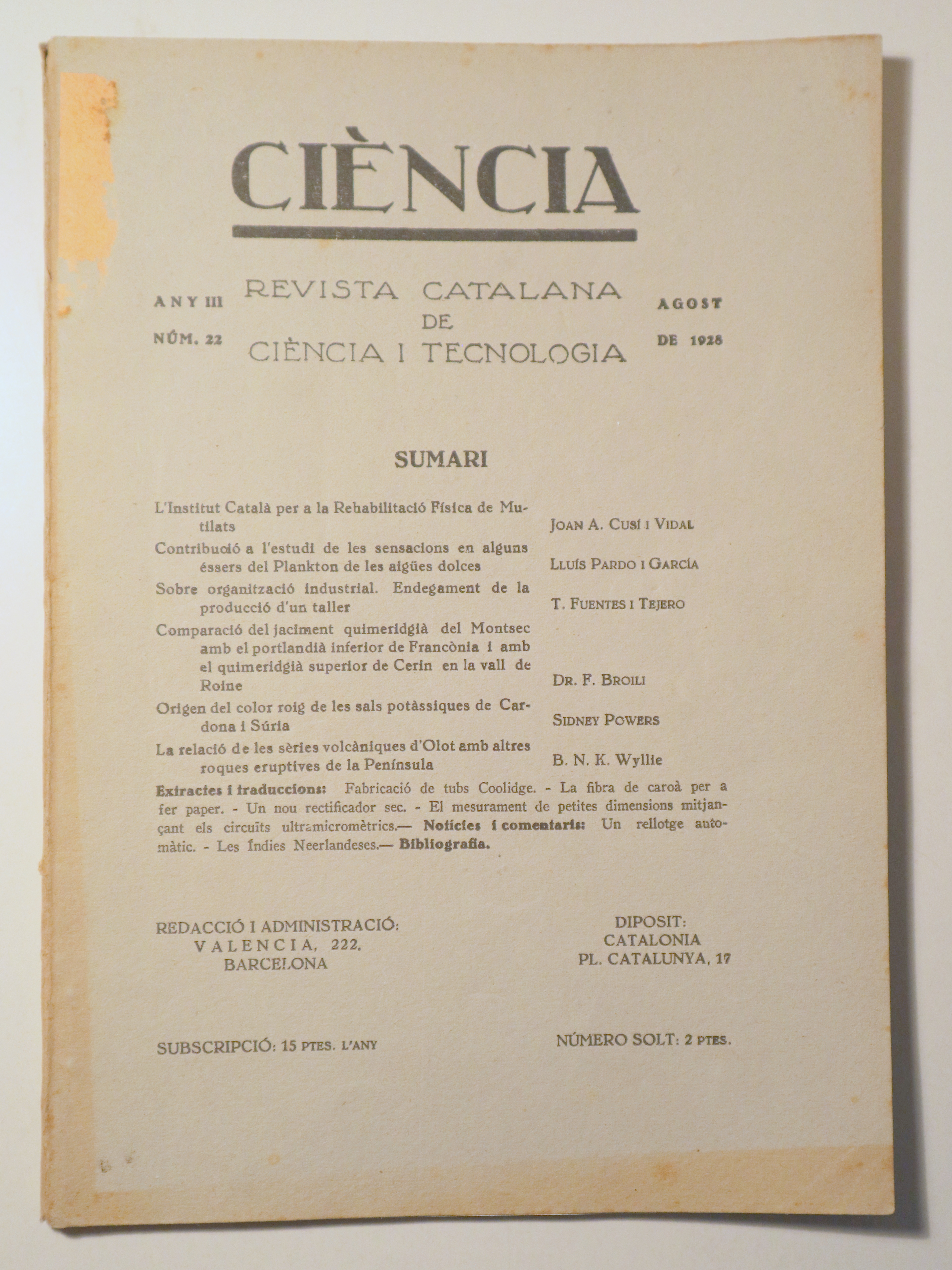 CIÈNCIA. Revista catalana de ciència i tecnologia nº 22, any III - Barcelona 1928 - Il·lustrat
