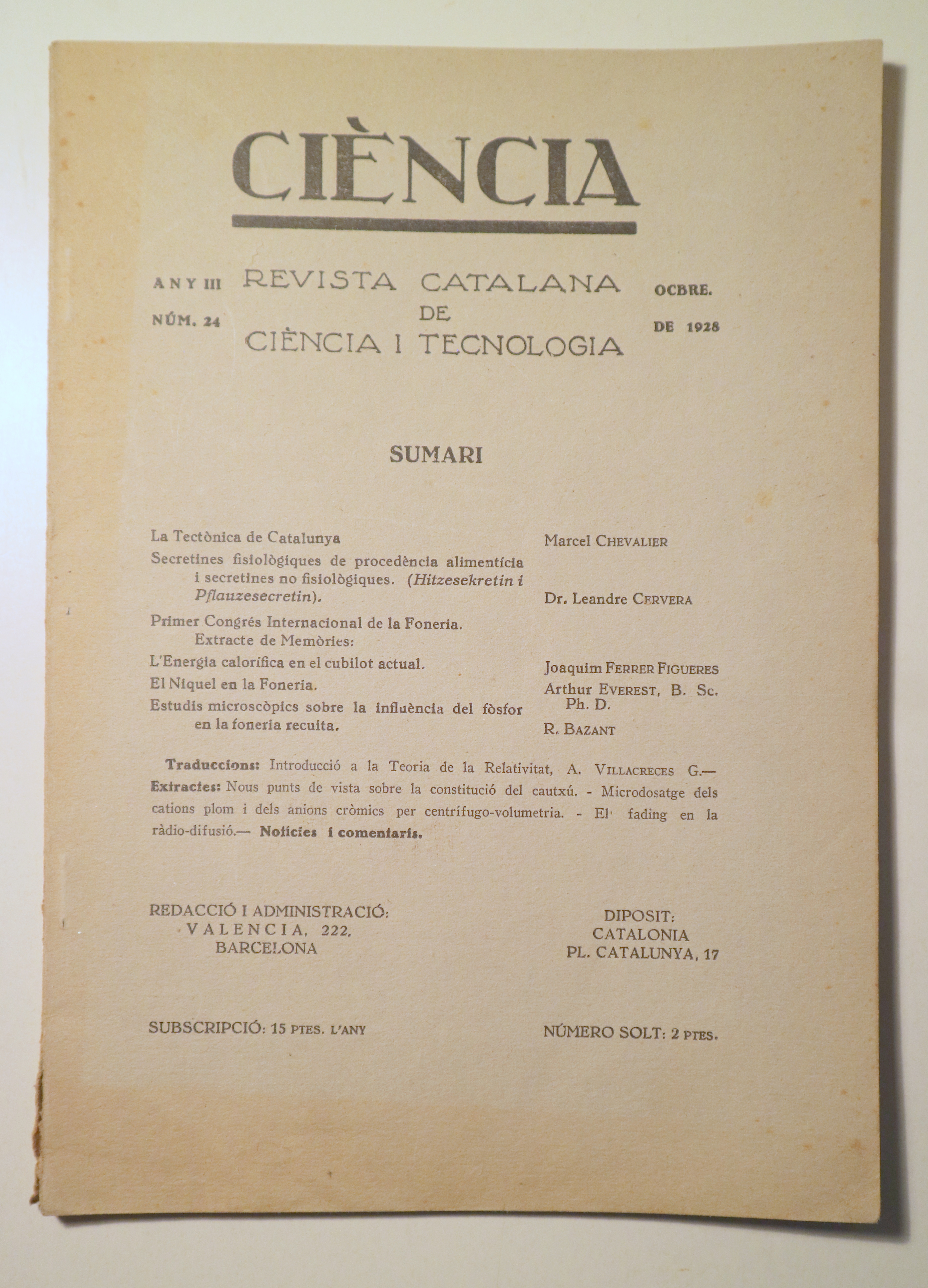 CIÈNCIA. Revista catalana de ciència i tecnologia nº 24, any III - Barcelona 1928 - Il·lustrat