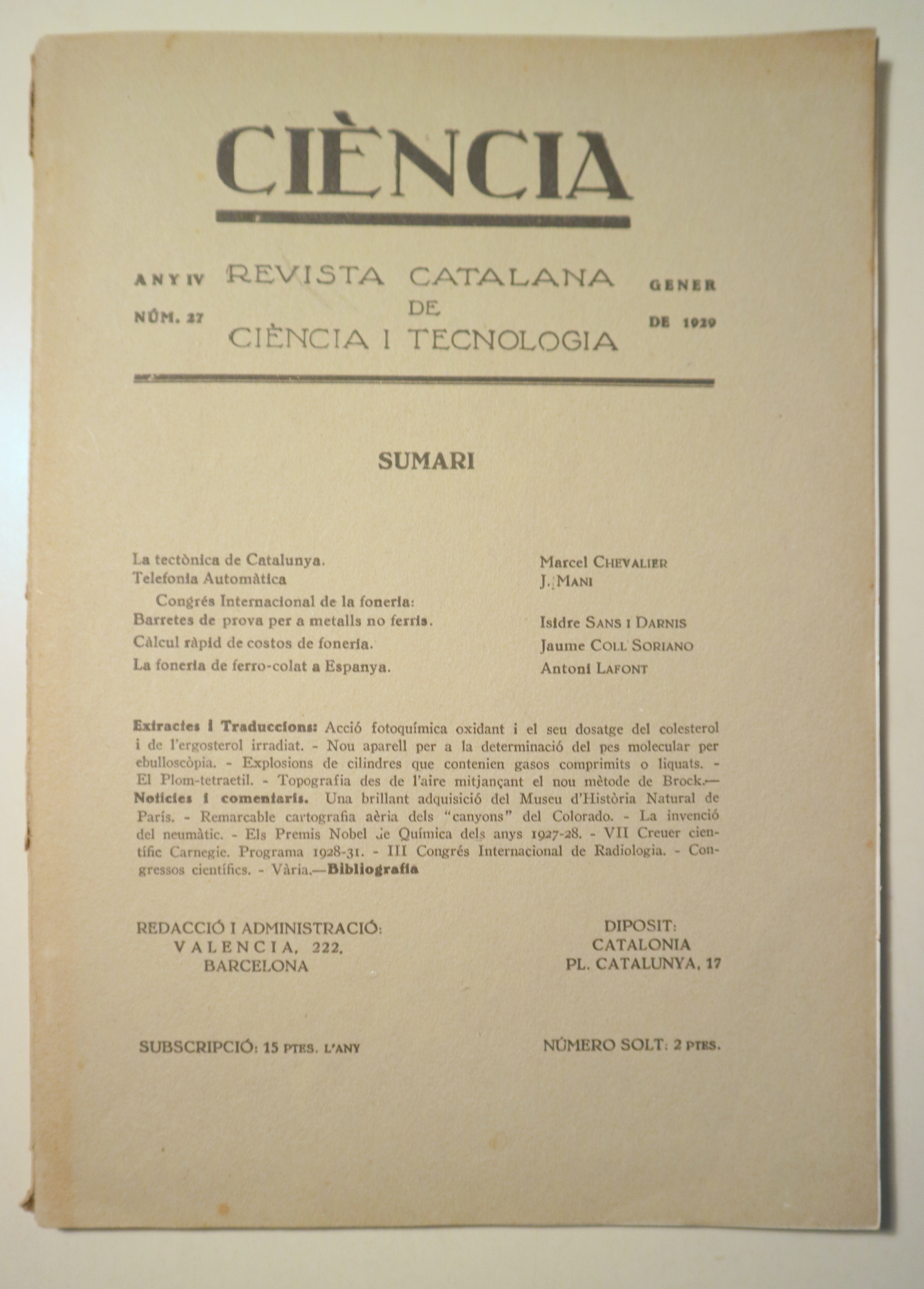 CIÈNCIA. Revista catalana de ciència i tecnologia nº 27, any IV - Barcelona 1929 - Il·lustrat