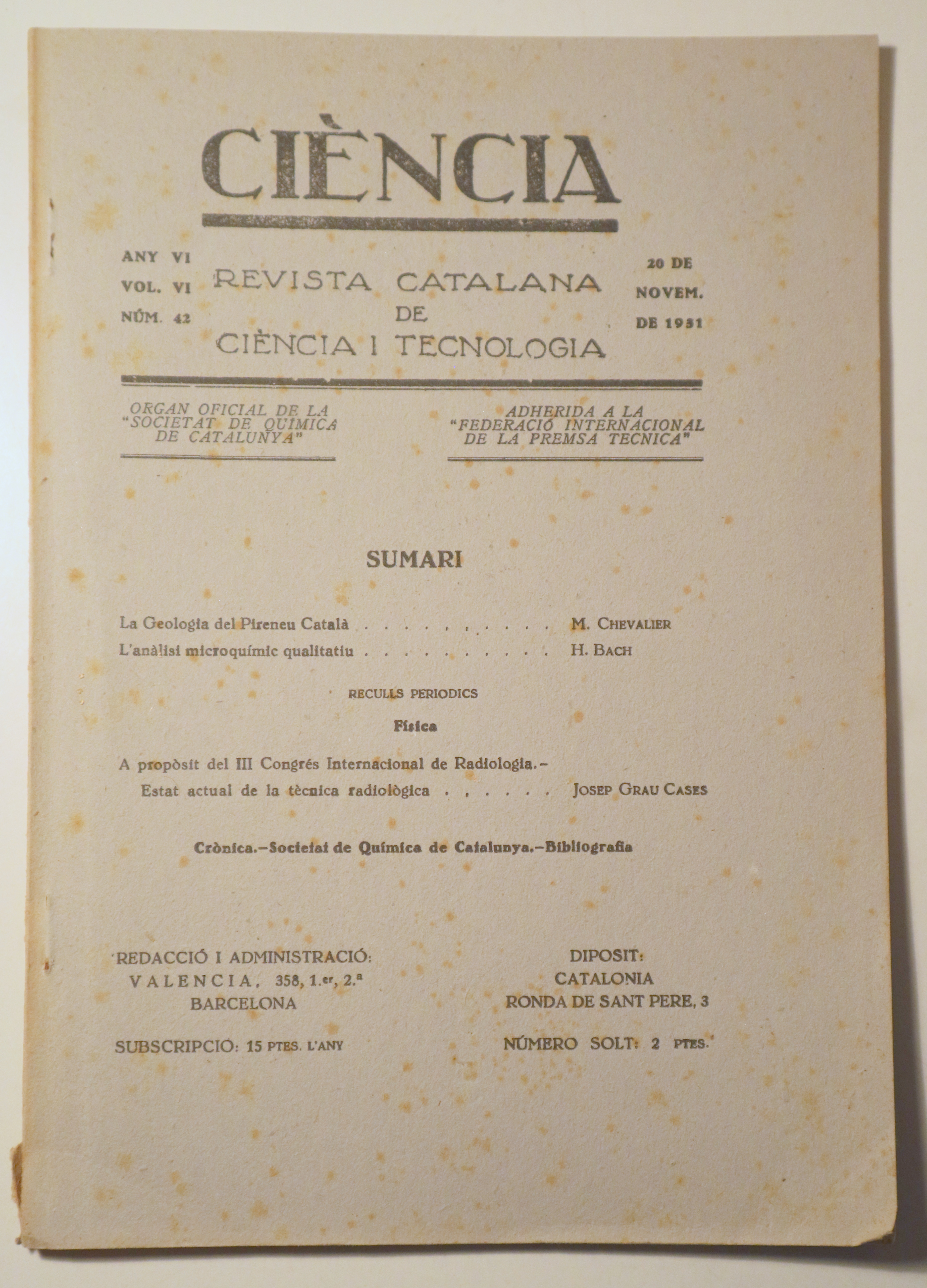 CIÈNCIA. Revista catalana de ciència i tecnologia nº 42, any VI, vol. VI - Barcelona 1931 - Il·lustrat