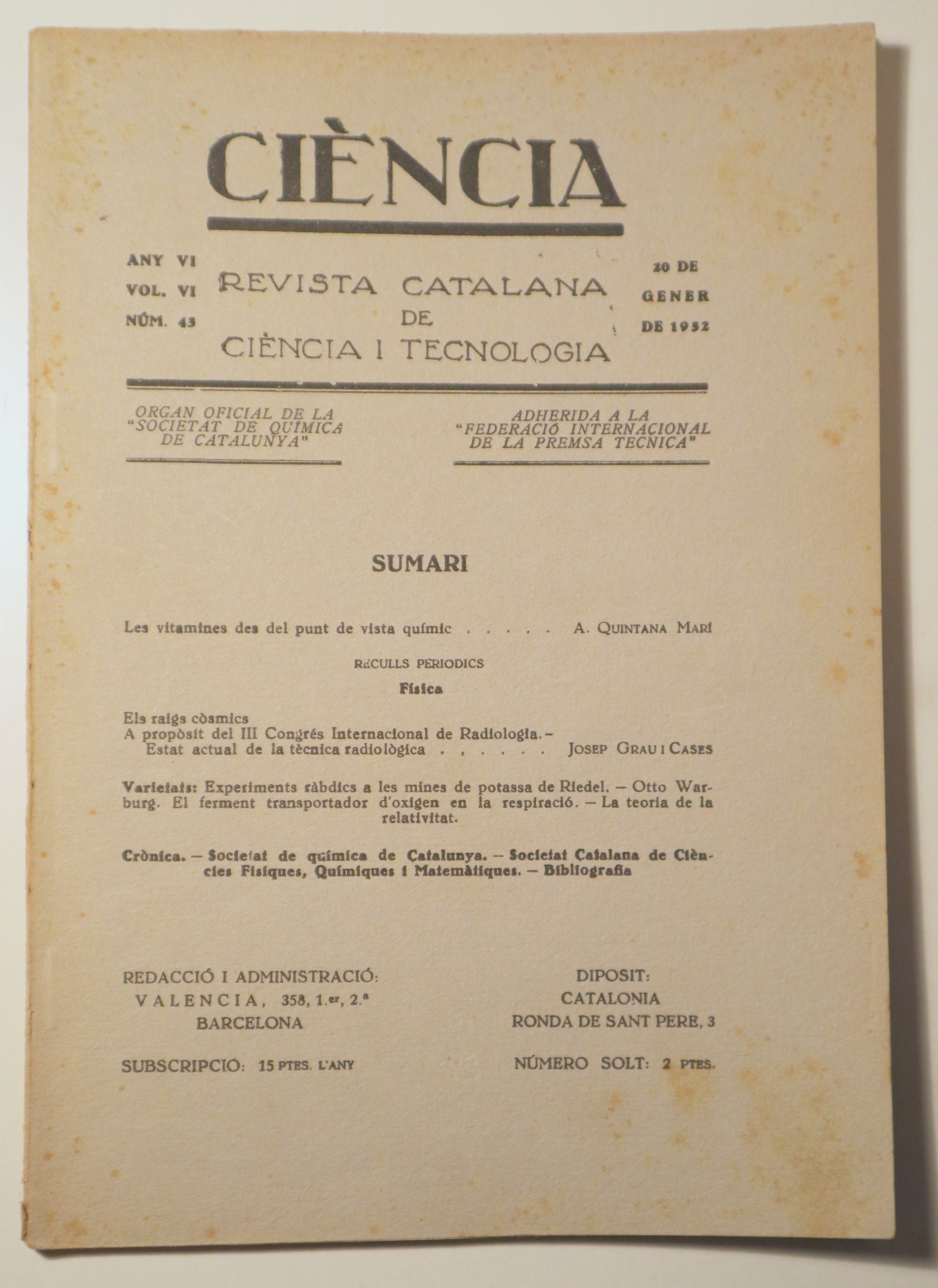CIÈNCIA. Revista catalana de ciència i tecnologia nº 43, any VI, vol. VI - Barcelona 1932 - Il·lustrat