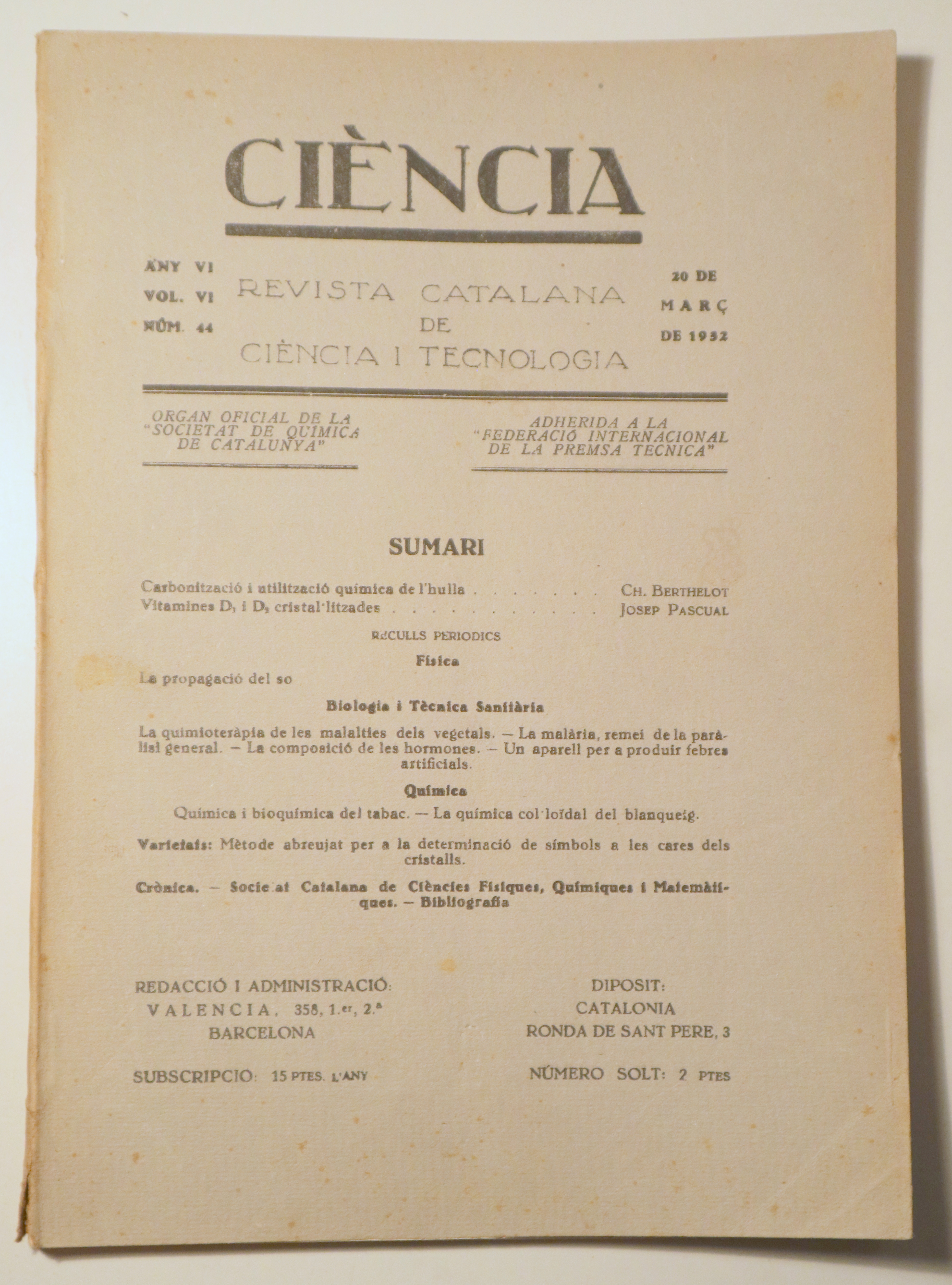 CIÈNCIA. Revista catalana de ciència i tecnologia nº 44, any VI, vol. VI - Barcelona 1932 - Il·lustrat