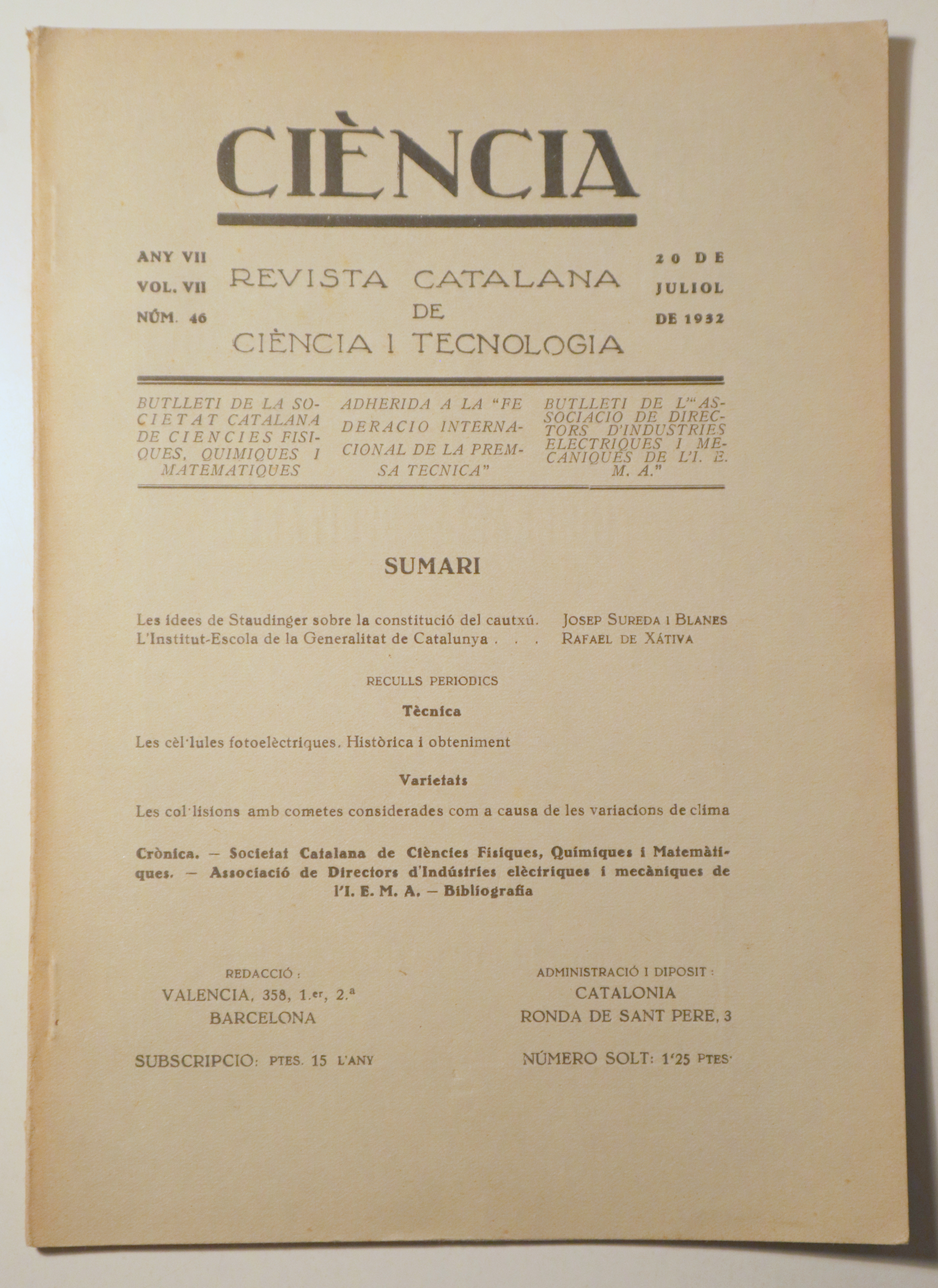CIÈNCIA. Revista catalana de ciència i tecnologia nº 46, any VII, vol. VII - Barcelona 1932 - Il·lustrat