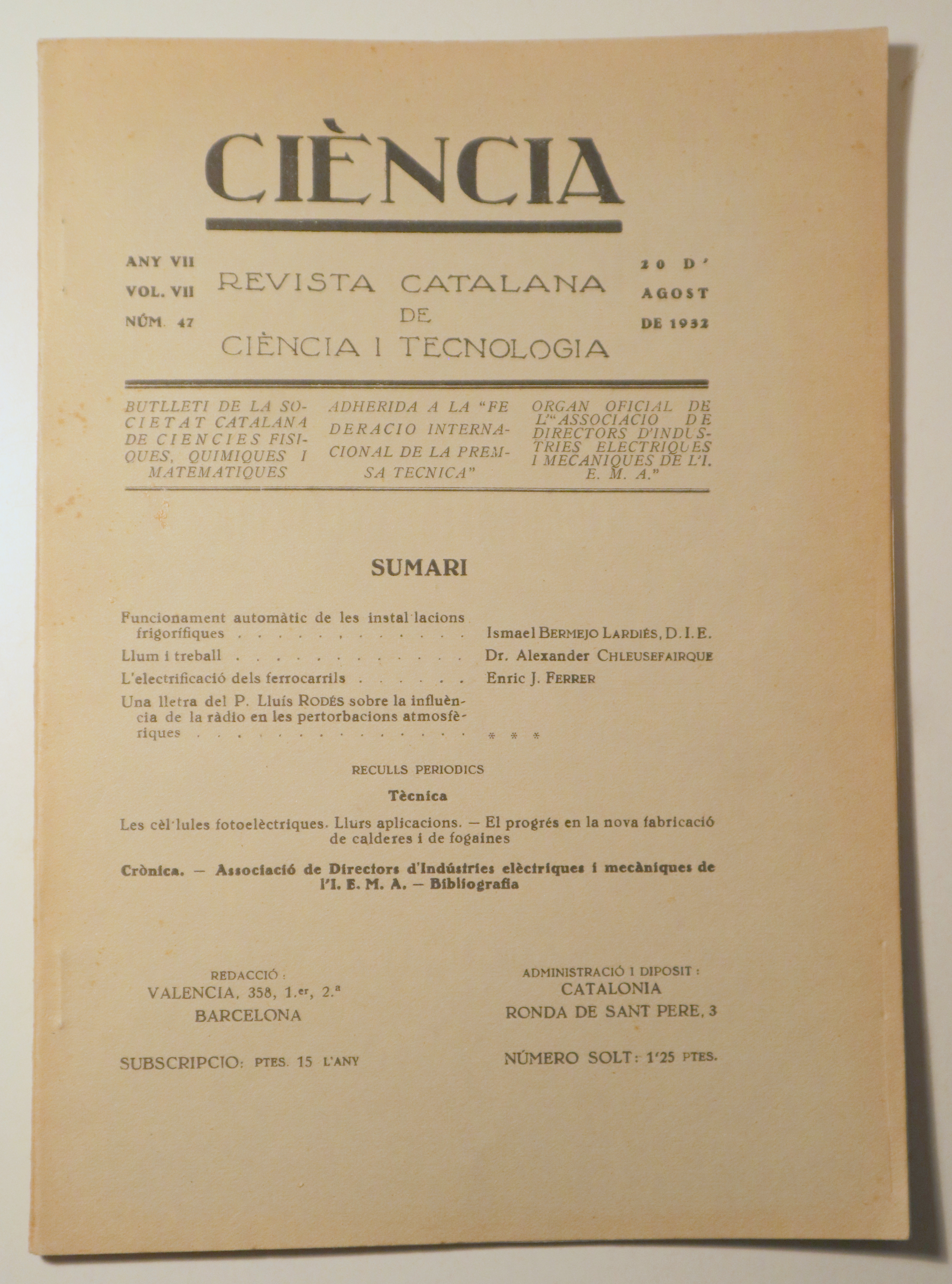 CIÈNCIA. Revista catalana de ciència i tecnologia nº 47, any VII, vol. VII - Barcelona 1932 - Il·lustrat