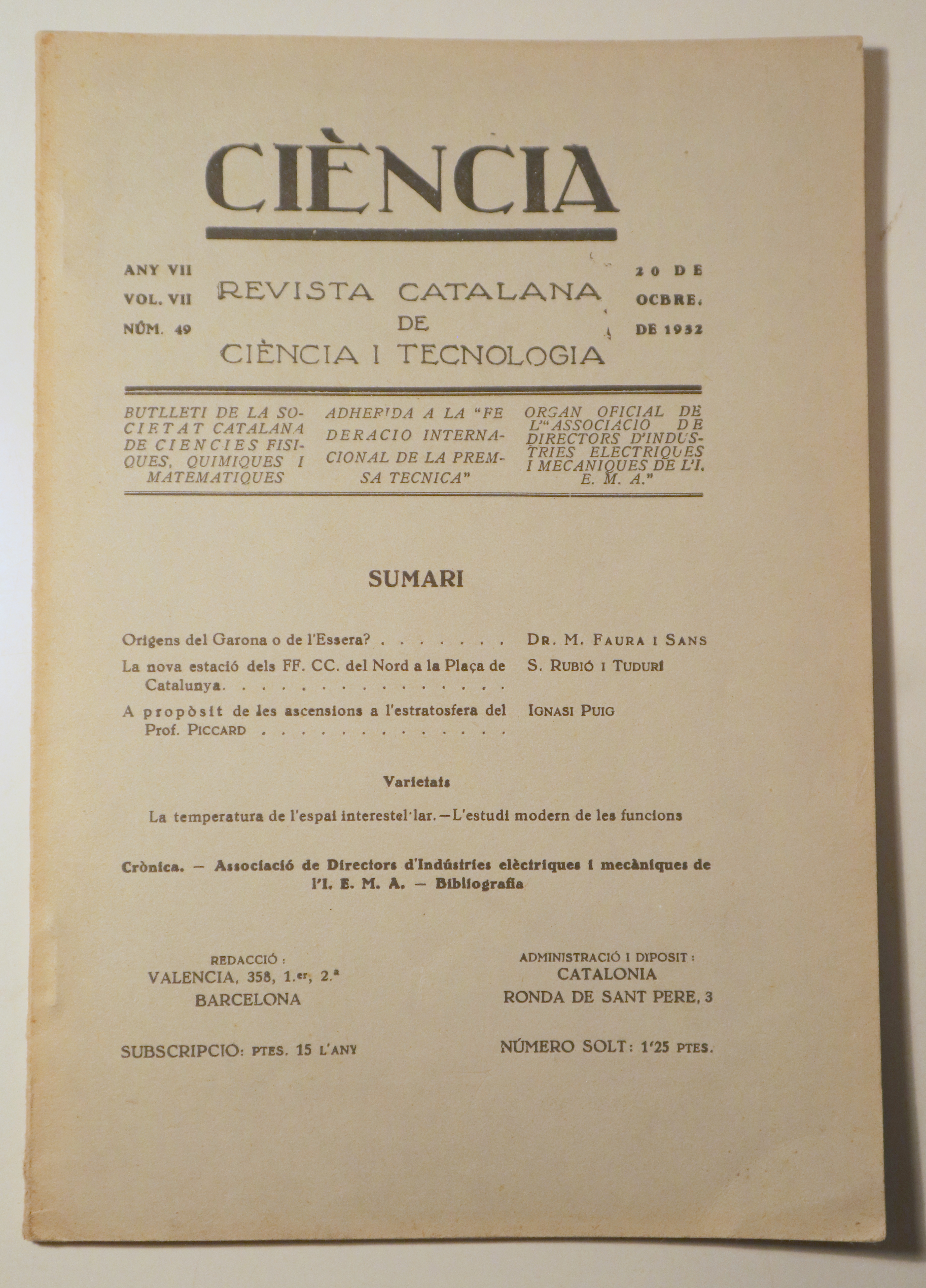 CIÈNCIA. Revista catalana de ciència i tecnologia nº 49, any VII, vol. VII - Barcelona 1932 - Il·lustrat