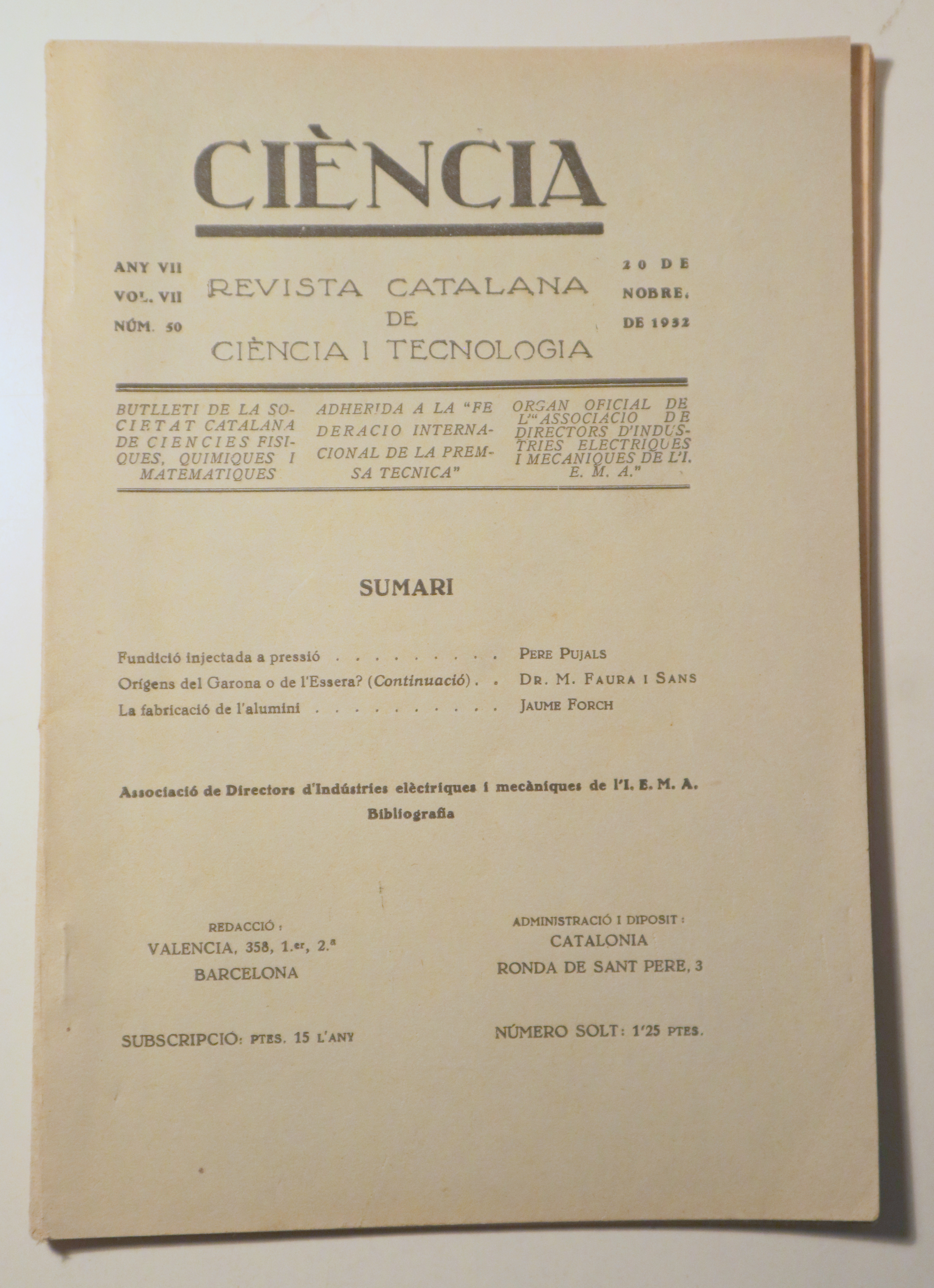 CIÈNCIA. Revista catalana de ciència i tecnologia nº 50, any VII, vol. VII - Barcelona 1932 - Il·lustrat