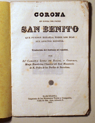 CORONA en honra del padre SAN BENITO - Barcelona 1851