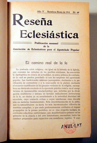 RESEÑA ECLESIÁSTICA. Año V. (Año completo)  - Barcelona 1913