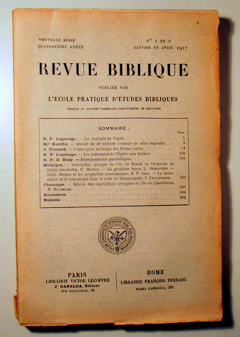 REVUE BIBLIQUE. Nº 1 et 2 - Paris 1917