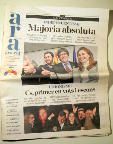 ARA. INDEPENDENTISME MAJORIA ABSOLUTA. Divendres 22 desembre 2017 - Barcelona 2017 - Il·lustrat