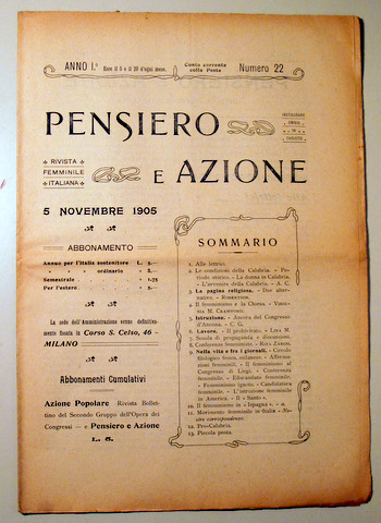 PENSIERO E AZIONE. Nº 22. Revista Femminile Italiana - Milano1905
