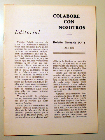 COLABORE CON NOSOTROS. Boletín literario Nº 4 - Barcelona 1972