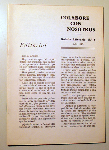 COLABORE CON NOSOTROS. Nº 8 Boletín literario - Barcelona 1973