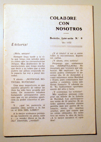 COLABORE CON NOSOTROS. Nº 9. Boletín literario - Barcelona 1973
