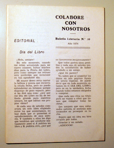 COLABORE CON NOSOTROS. Nº 10. Boletín literario - Barcelona 1974