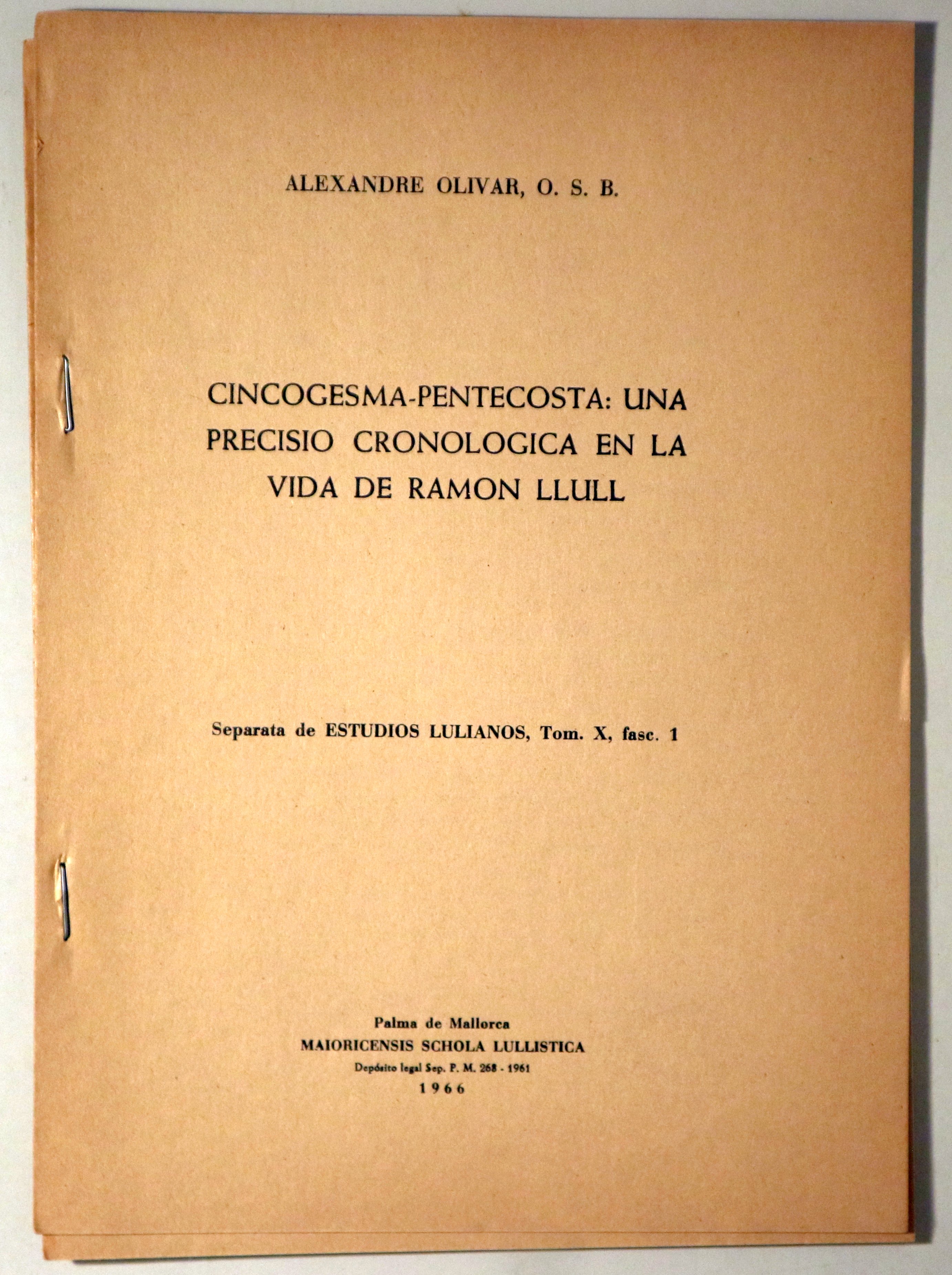 CINCOGESMA-PENTECOSTA: UNA PRECISIÓ CRONOLÒGICA EN LA VIDA DE RAMON LLULL - Palma de Mallorca 1966