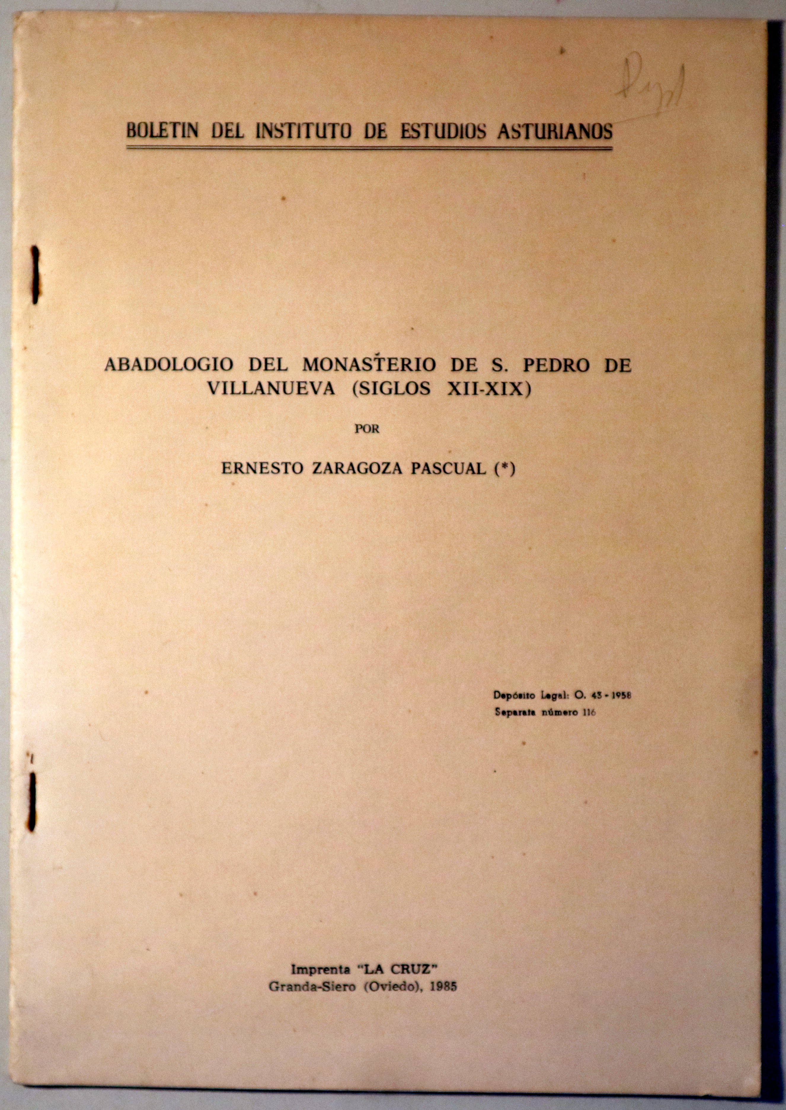 ABADOLOGIO DEL MONASTERIO DE S. PEDRO DE VILLANUEVA (SIGLOS XII-XIX) - Oviedo 1985