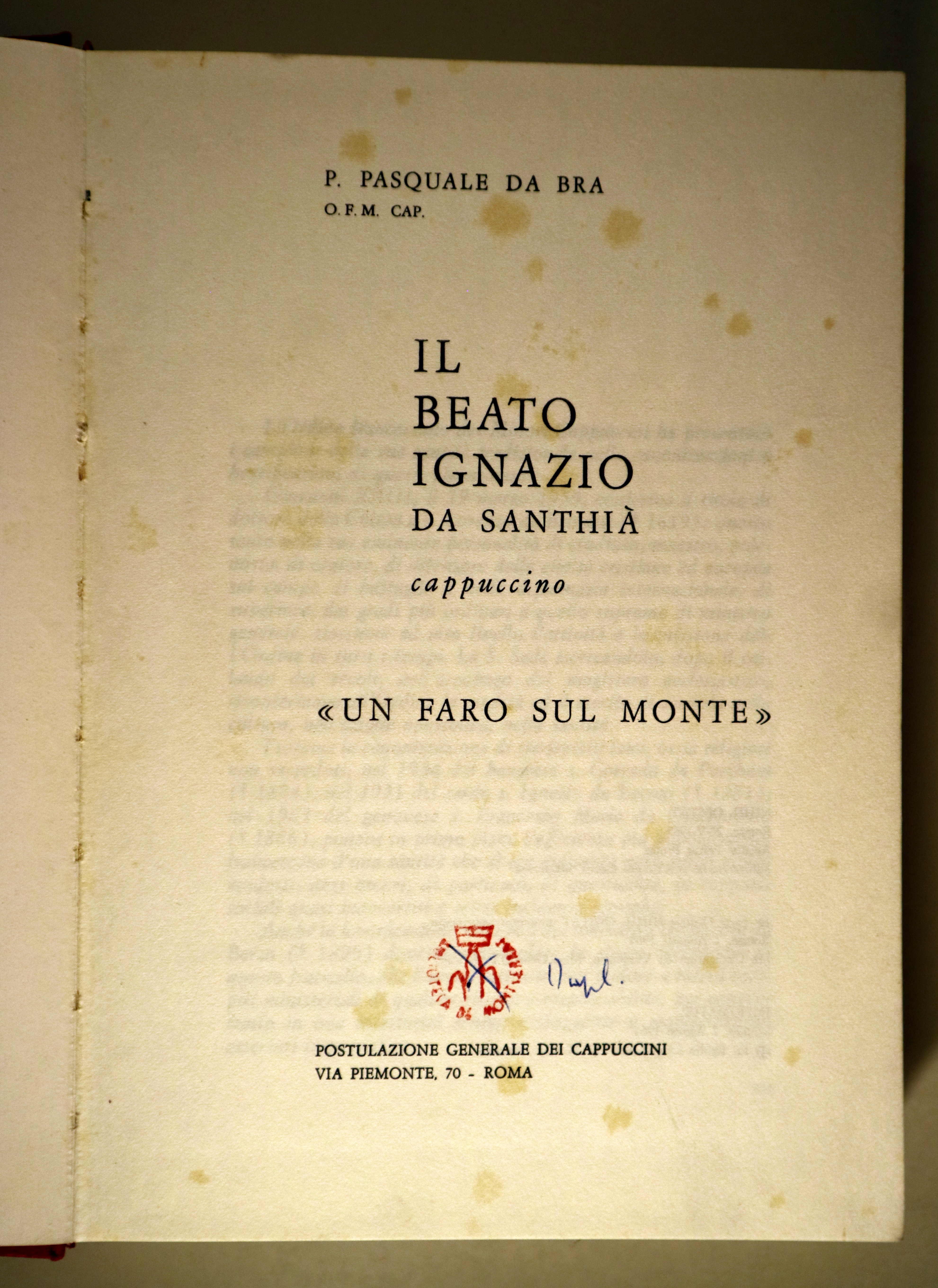 IL BEATO IGNAZIO DA SANTHIÀ. "Un faro sul monte" - Roma 1965 - Ilustrado