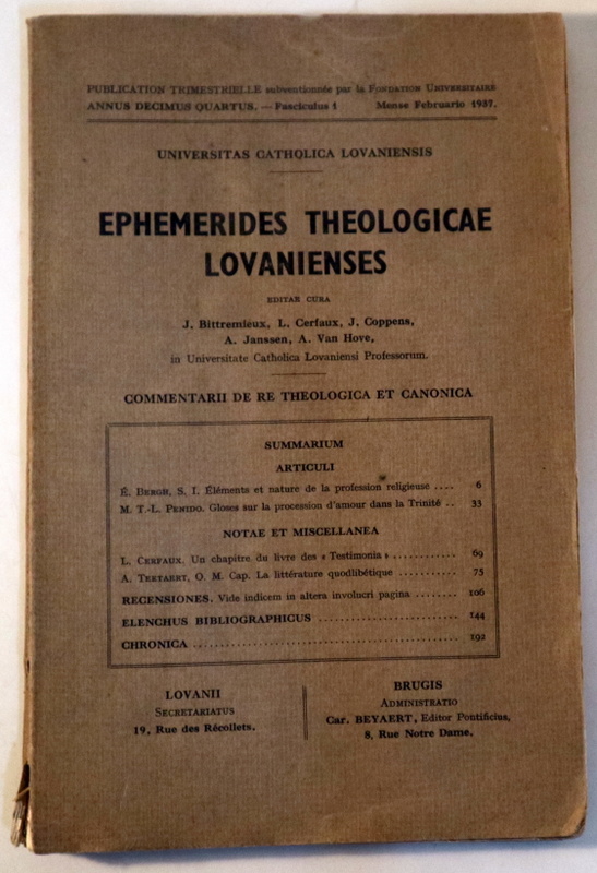 EPHEMERIDES THEOLOGICAE LOVANIENSES. I - Lovanii/Brugis 1937