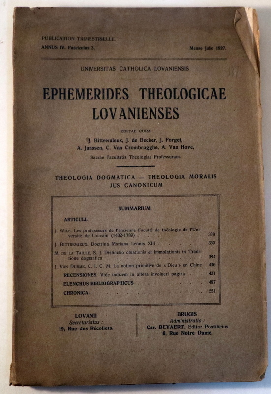 EPHEMERIDES THEOLOGICAE LOVANIENSES. III - Lovanii/Brugis 1927