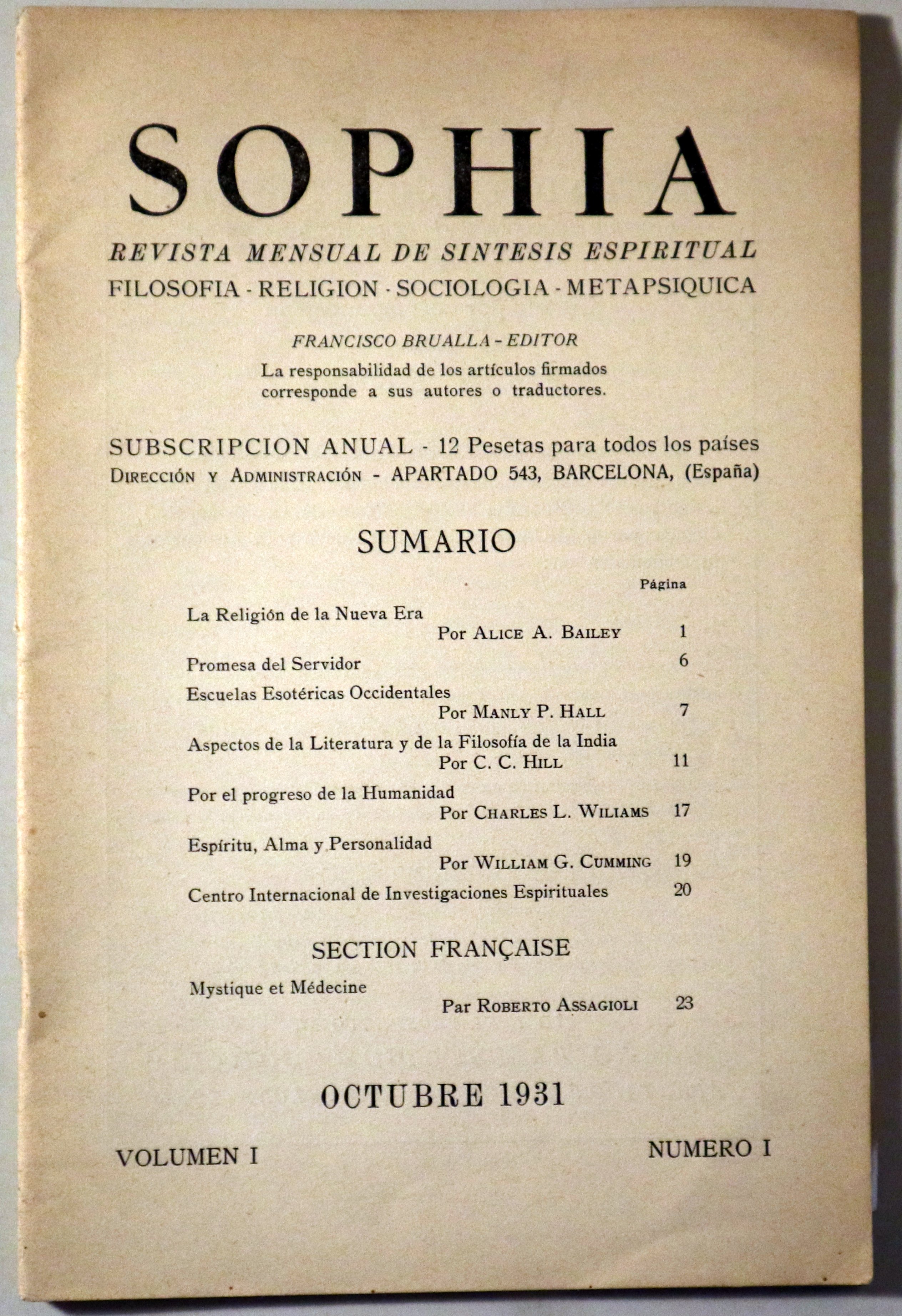 SOPHIA. Revista de síntesis espiritual... - Vol. I Nº 1 - Barcelona 1931