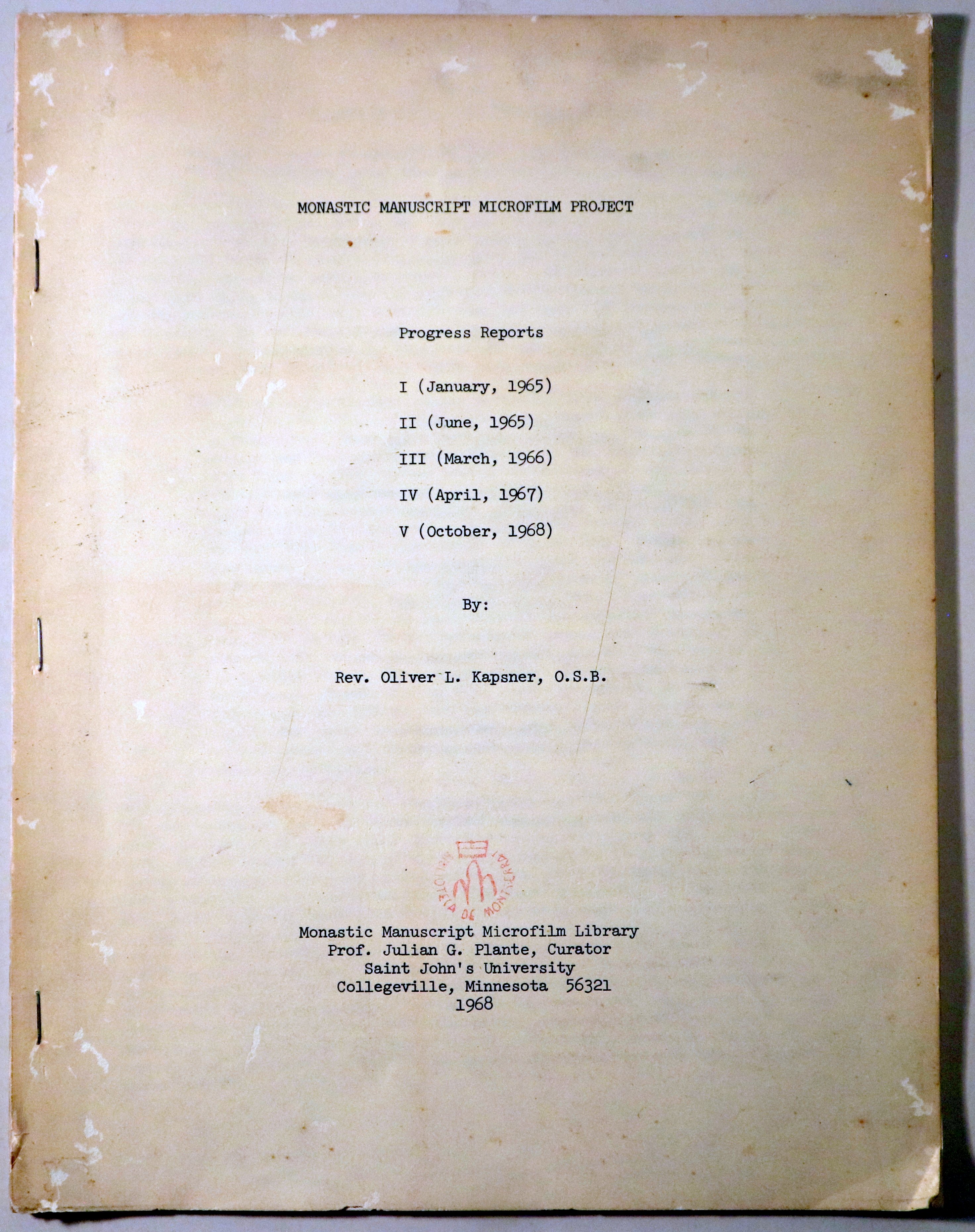 MONASTIC MANUSCRIPT MICROFILM PROJECT. Progress Reports - Collegeville 1968