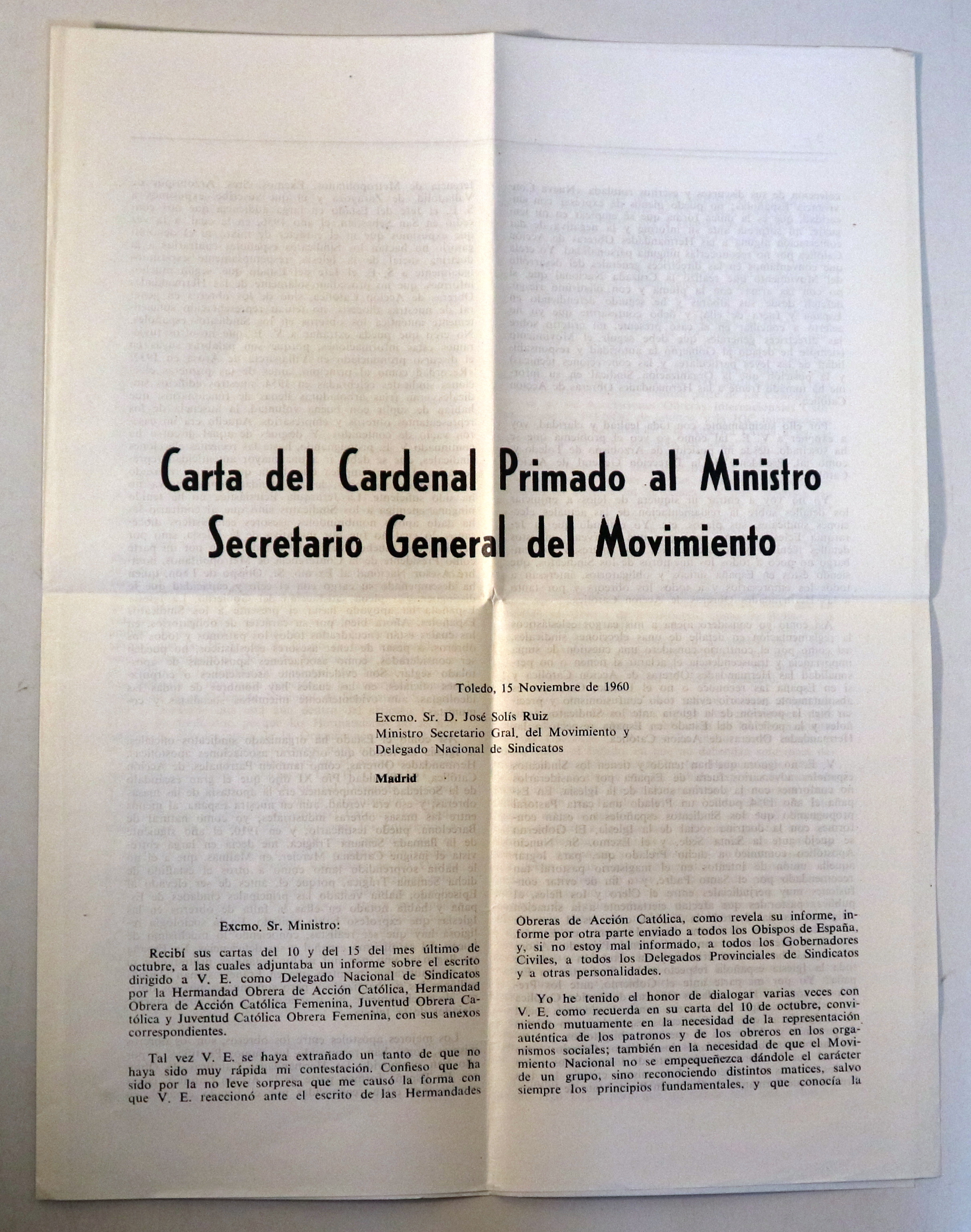 CARTA DEL CARDENAL PRIMADO AL MINISTRO SECRETARIO GENERAL DEL MOVIMIENTO - Toledo 1960