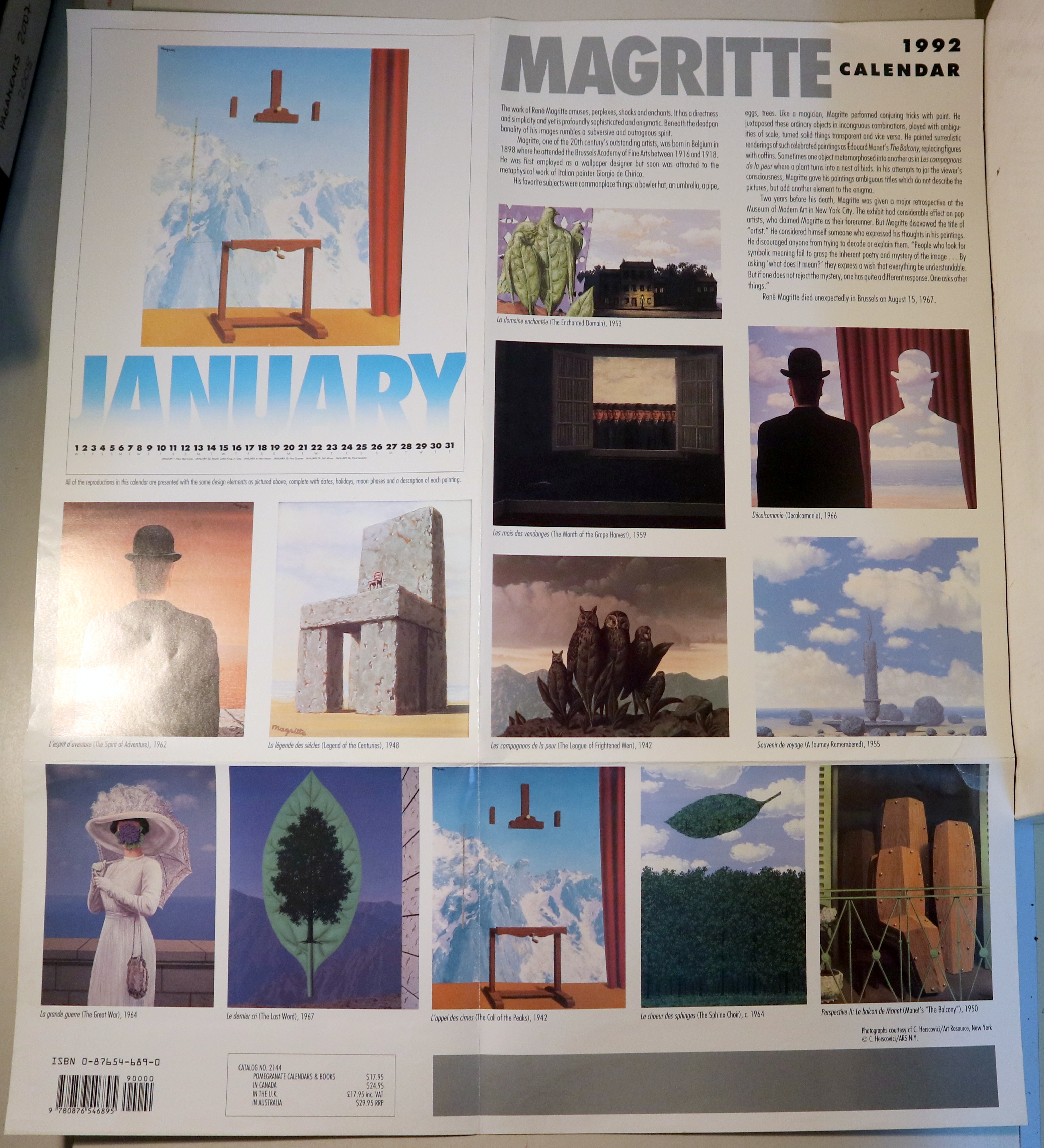 POSTER-CALENDARIO MAGRITTE. ENERO DE 1992 - s/l 1992