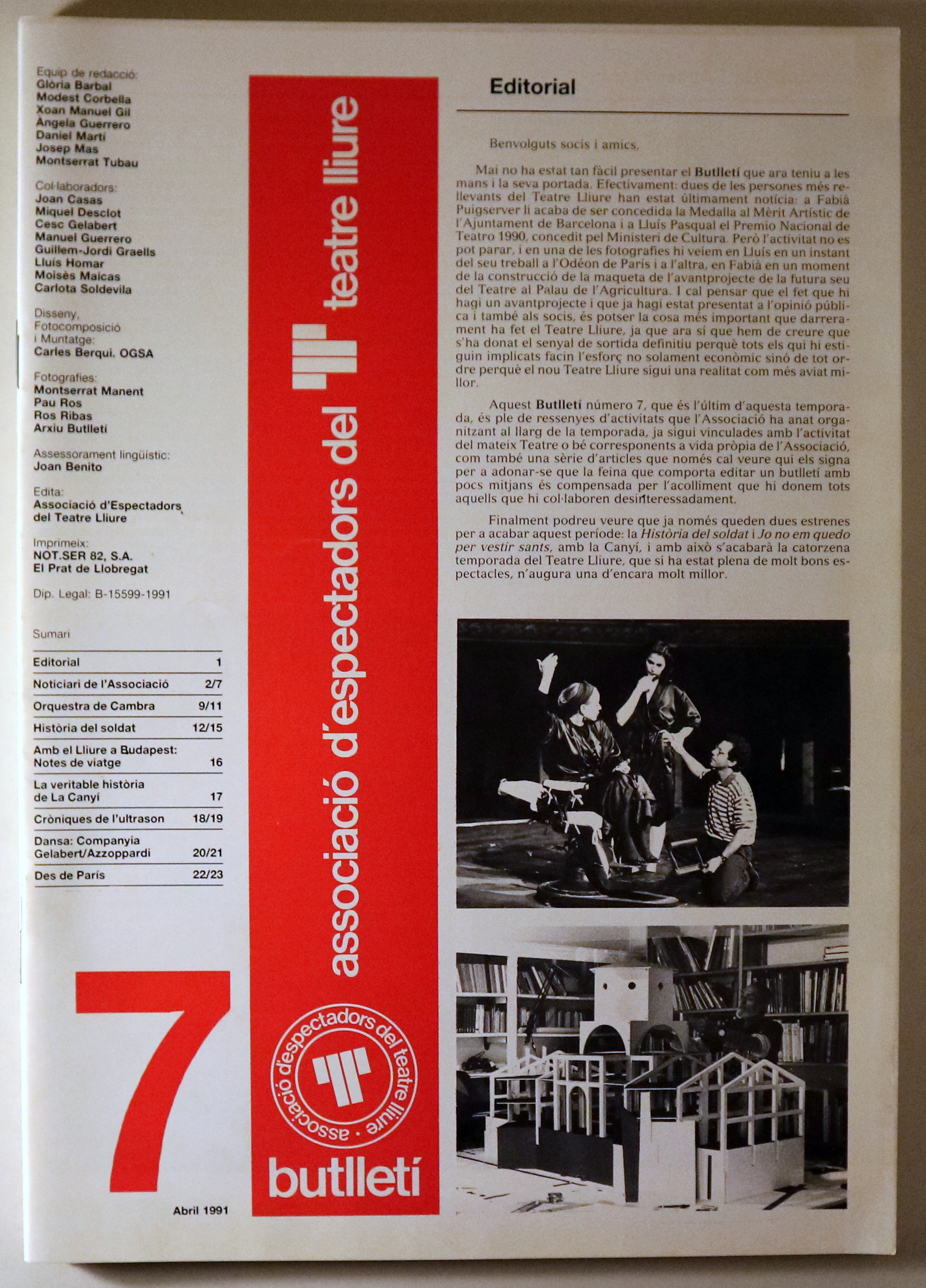 BUTLLETÍ DE L'ASSOCIACIÓ D'ESPECTADORS DEL TEATRE LLIURE Nº 7 - Barcelona 1991 - Il·lustrat