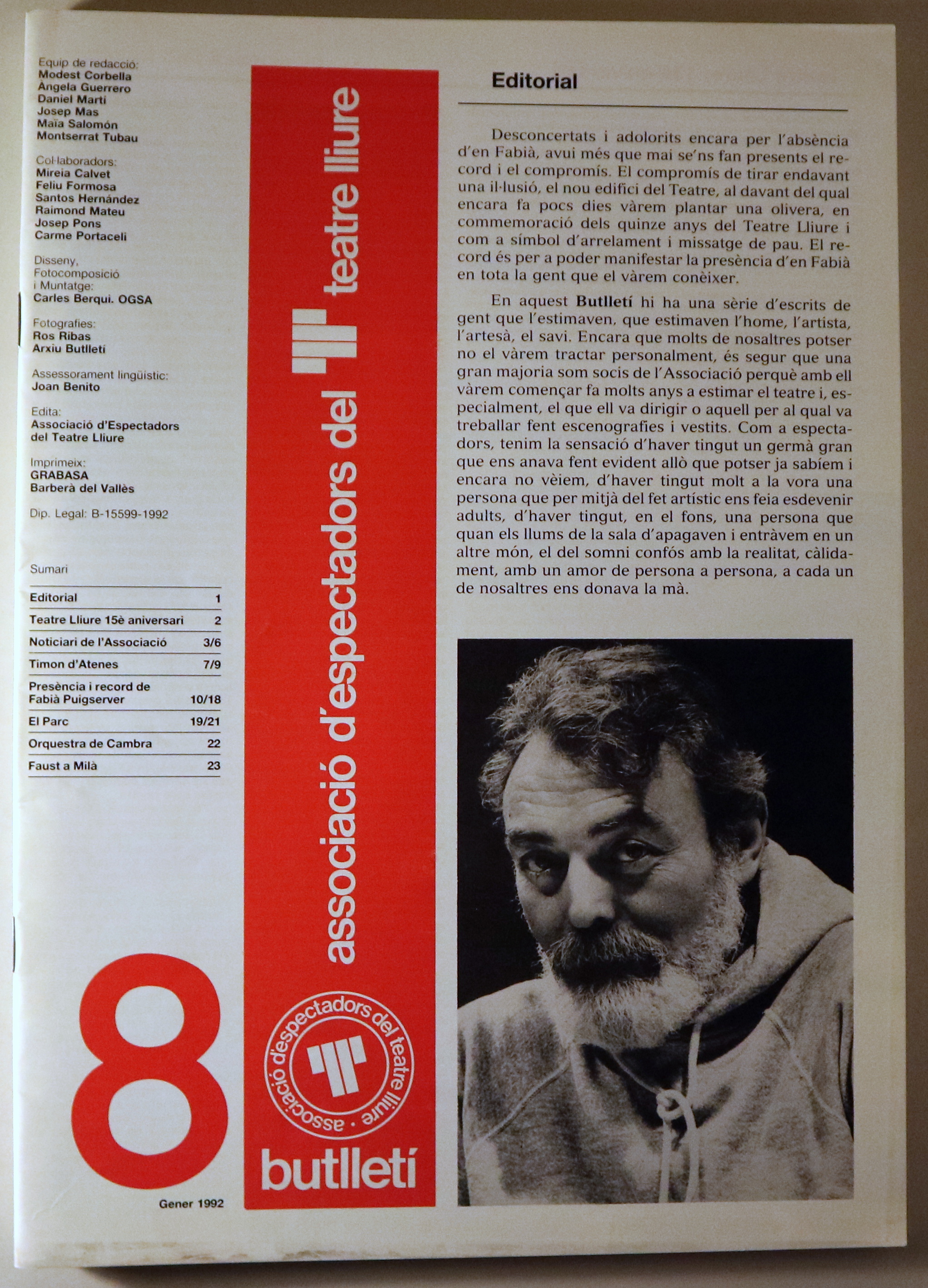 BUTLLETÍ DE L'ASSOCIACIÓ D'ESPECTADORS DEL TEATRE LLIURE Nº 8 - Barcelona 1992 - Il·lustrat