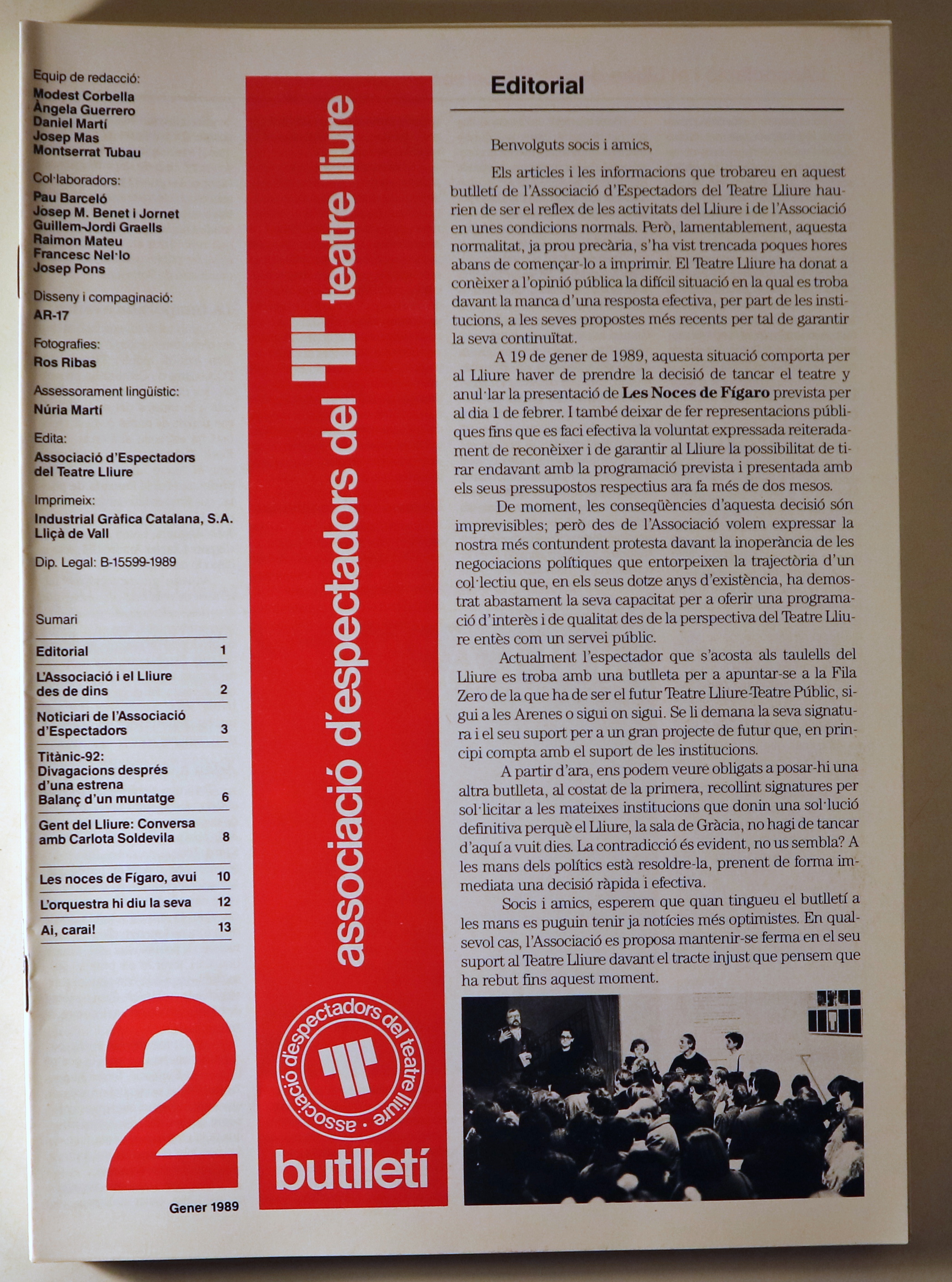 BUTLLETÍ DE L'ASSOCIACIÓ D'ESPECTADORS DEL TEATRE LLIURE Nº 2 - Barcelona 1989 - Il·lustrat