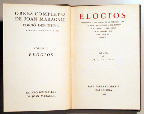 OBRES COMPLETES. Edició definitiva. Vol III. ELOGIOS - Barcelona  1929
