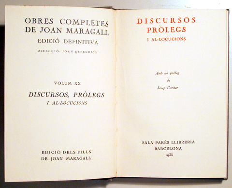 OBRES COMPLETES. Edició definitiva. Vol XX. HIMNES HOMÈRICS - Barcelona  1935