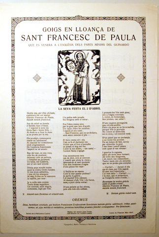 GOIGS A LA LLOANÇA DE SANT FRANCESC DE PAULA - Barcelona 1953 - Il·lustrat