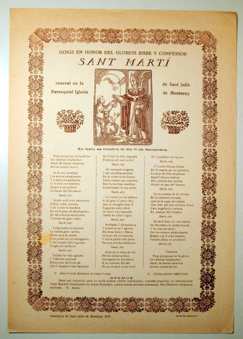 GOIGS EN HONOR DEL GLORIOS BISBE I CONFESSOR SANT MARTÍ. Venerat en la Parròquia Iglesia de Sant Julià de Montseny - Sant Julià