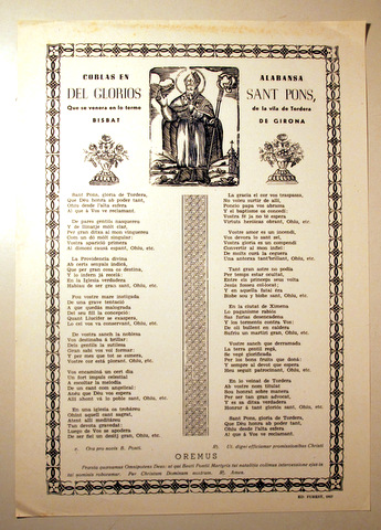 COBLAS EN ALABANSA DEL GLORIOS SANT PONS, que se venera en lo terme de la vila de Tordera, Bisbat de Girona - Tordera 1957