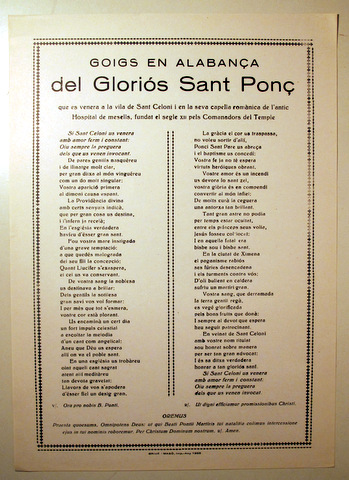 GOIGS EN ALABANÇA DEL GLORIOS SANT PONÇ, que se venera a la vila de Sant Celoni - Sant Celoni 1955