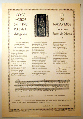 GOIGS EN HONOR DE SANT PAU NARBONESE. Patró de la Parròquia d'Anglesota, Bisbat de Solsona - Tàrrega 1959