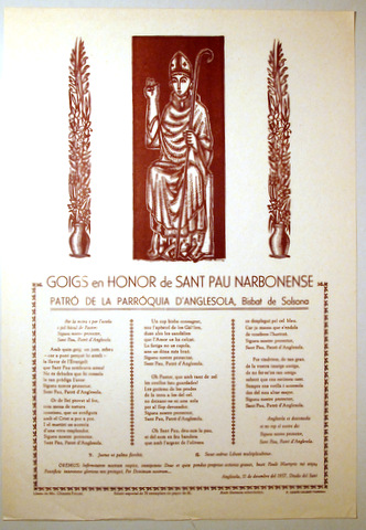GOIGS EN HONOR DE SANT PAU NARBONESE. Patró de la Parròquia d'Anglesota, Bisbat de Solsona - Tàrrega 1957