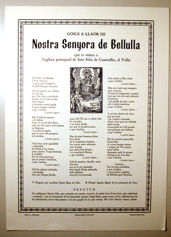 GOIGS EN LLAOR DE NOSTRA SENYORA DE BELLULLA que es venera a l'església parroquial de Sant Feliu de Canovelles, al Vallès - Bar