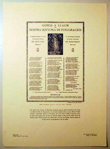 GOIGS A LLAOR DE N. Sra. de PUIG-GRACIÓS - Barcelona 1957