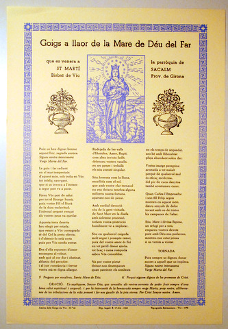 GOIGS A LLAOR DE NOSTRA SRA. DEL FAR - Vic 1963