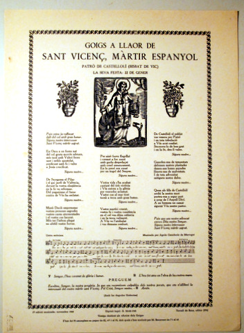 GOIGS EN LLOANÇA DE SANT VICENÇ, MÀRTIR ESPANYOL - Barcelona 1965