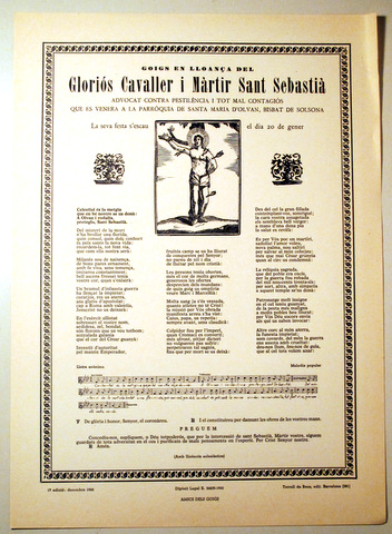GOIGS EN LLOANÇA DEL GLORIÓS CAVALLER MÀRTIR SANT SEBASTIÀ - Barcelona 1965