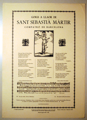 GOIGS A LLAOR DE SANT SEBASTIÀ MÀRTIR, COMPATRÓ DE BARCELONA - Barcelona 1962