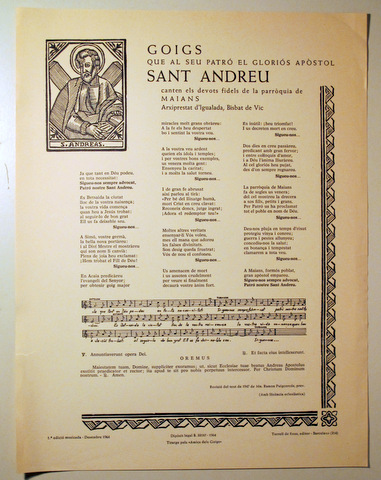 GOIGS A LLAOR DEL GLORIÓS APOSTOL I MARTIR SANT ANDREU - Barcelona 1956