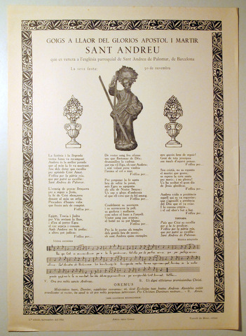 GOIGS QUE AL SEU PATRÓ EL GLORIÓS APÒSTOL SANT ANDREU canten els devots fidels de la parròquia de Maians - Barcelona 1964